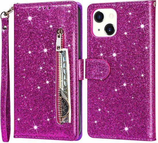 Étui portefeuille - Étui portefeuille - Fermeture éclair à Glitter scintillantes - Étui de téléphone avec Kord Convient pour : Apple iPhone 15 - Violet