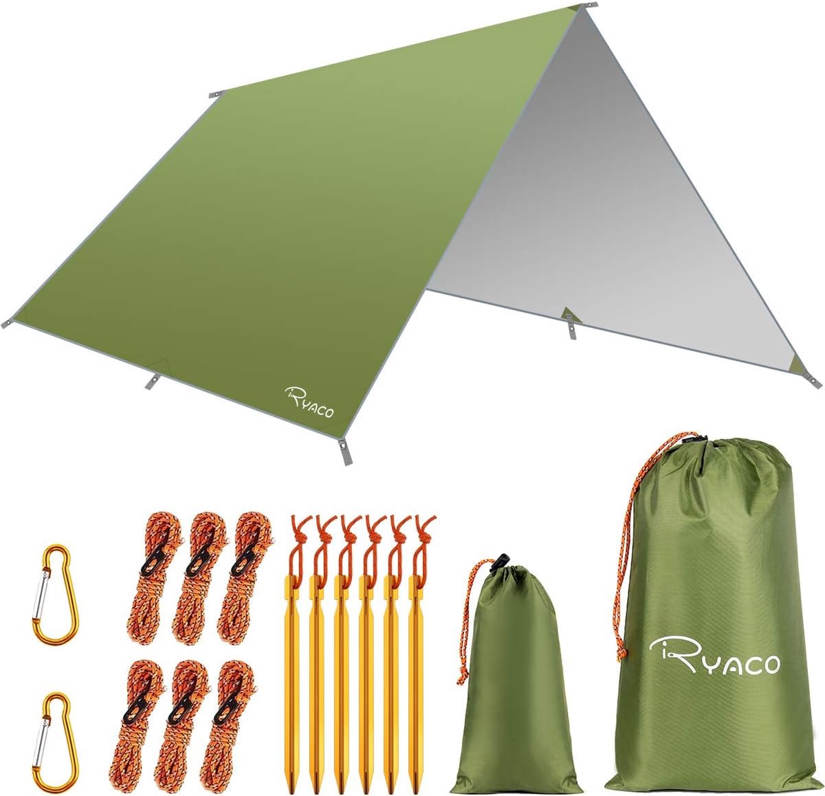 Camping tentzeil, 3 m x 3 m, waterdicht, voor hangmat, met 6 haringen en 6 touwen, anti-uv-regen, zonbescherming, licht, compact grondzeil, picknickdeken, hammock, voor buiten, camping, herbruikbaar