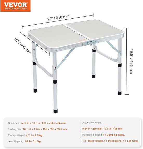 klaptafel campingtafel 610 x 405 x 495 mm, opklapbare tuintafel balkontafel multifunctionele tafel 31,5 kg belastbare campingtafel klaptafel draagbaar aluminium frame bestand tegen hoge temperaturen — afbeelding 3