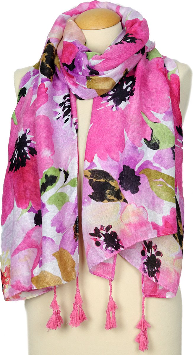 Viscose sjaal met roze kwastjes - watercolor print - lente/zomer sjaal voor dames - sjaal met dessin - multicolor
