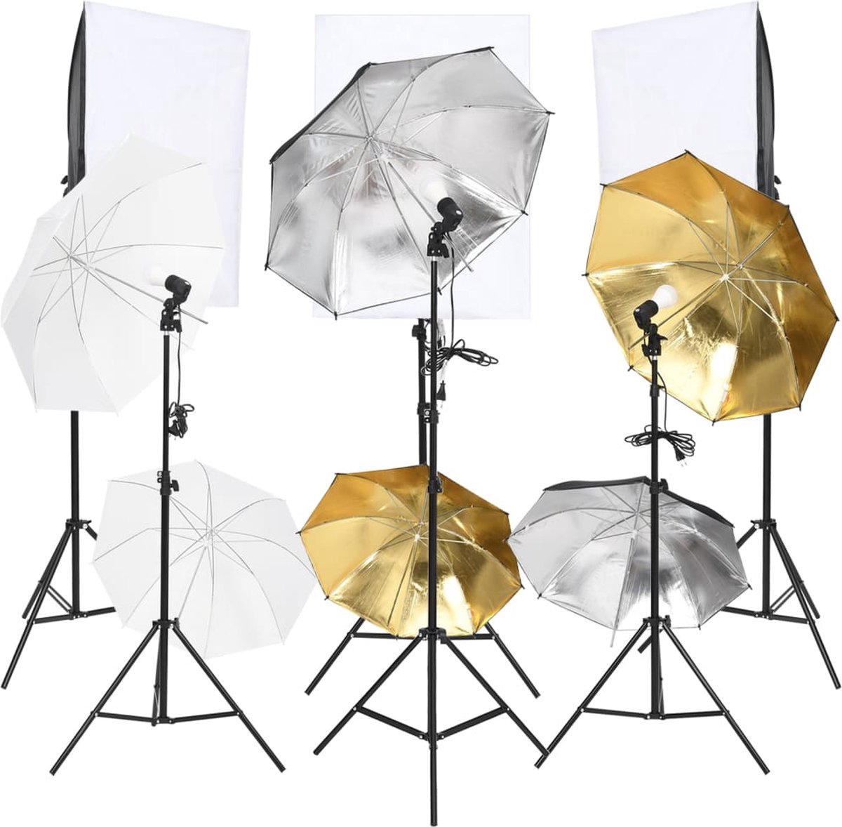 vidaXL Studioverlichtingsset - 3x softbox 50x70cm - 5x standaard - 5x 13W LED-lamp - 6x paraplu - Draagtas - Fotostudio Set
