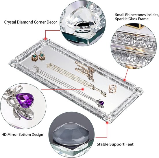 35 x 15 cm glas gespiegeld dienblad met gehakt diamantframe - rechthoek decoratief display tablet kristal -Eitely-dienblad voor cosmetische parfum- en sieraden, beker-beker-dienblad
