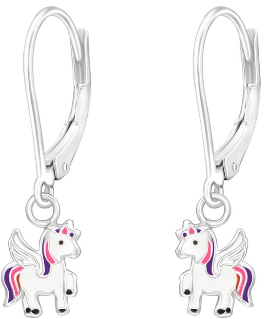 Joy|S - Zilveren eenhoorn bedel oorbellen - leverback sluiting - unicorn met vleugeltjes - kinderoorbellen