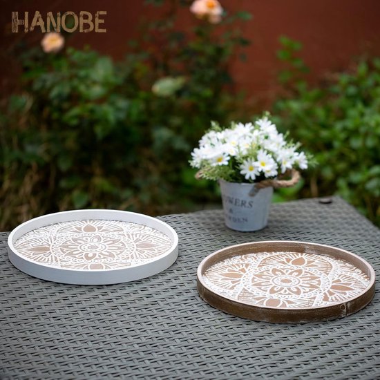 Hanobe Grote Ottomaanse dienblad: rond walnootfineer houten decoratieve salontafel lade rustieke cirkel grote charcuterie plank boerderij woondecoratie voor woonkamer 45 cm