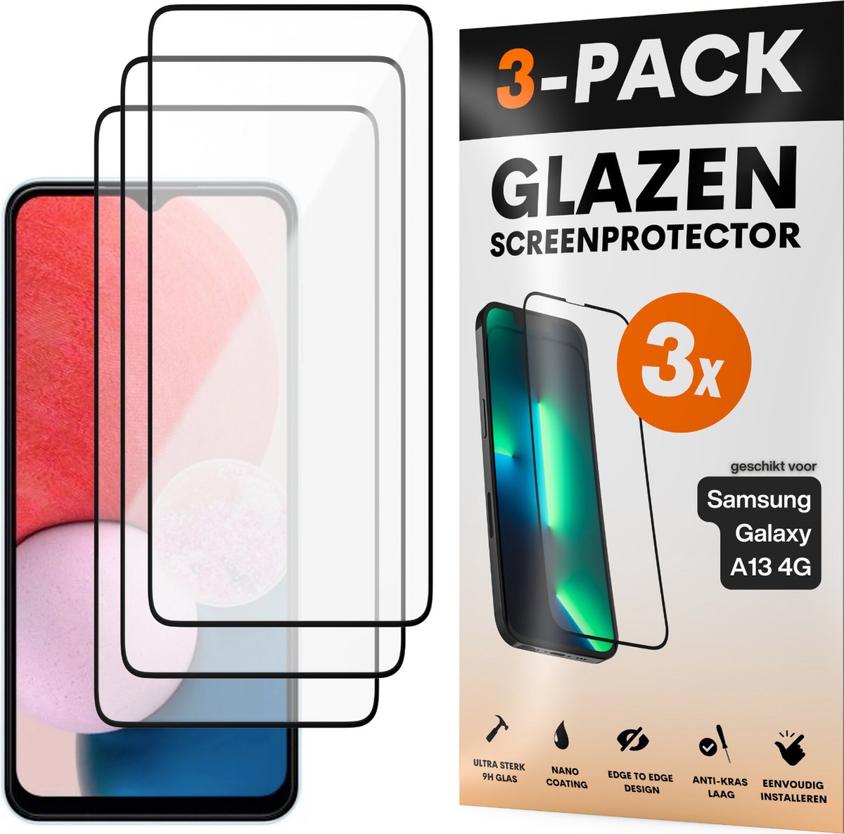 Screenprotector - Geschikt voor Samsung Galaxy A13 4G - Gehard Glas - Full Cover Tempered Glass - Case Friendly - 3 Pack