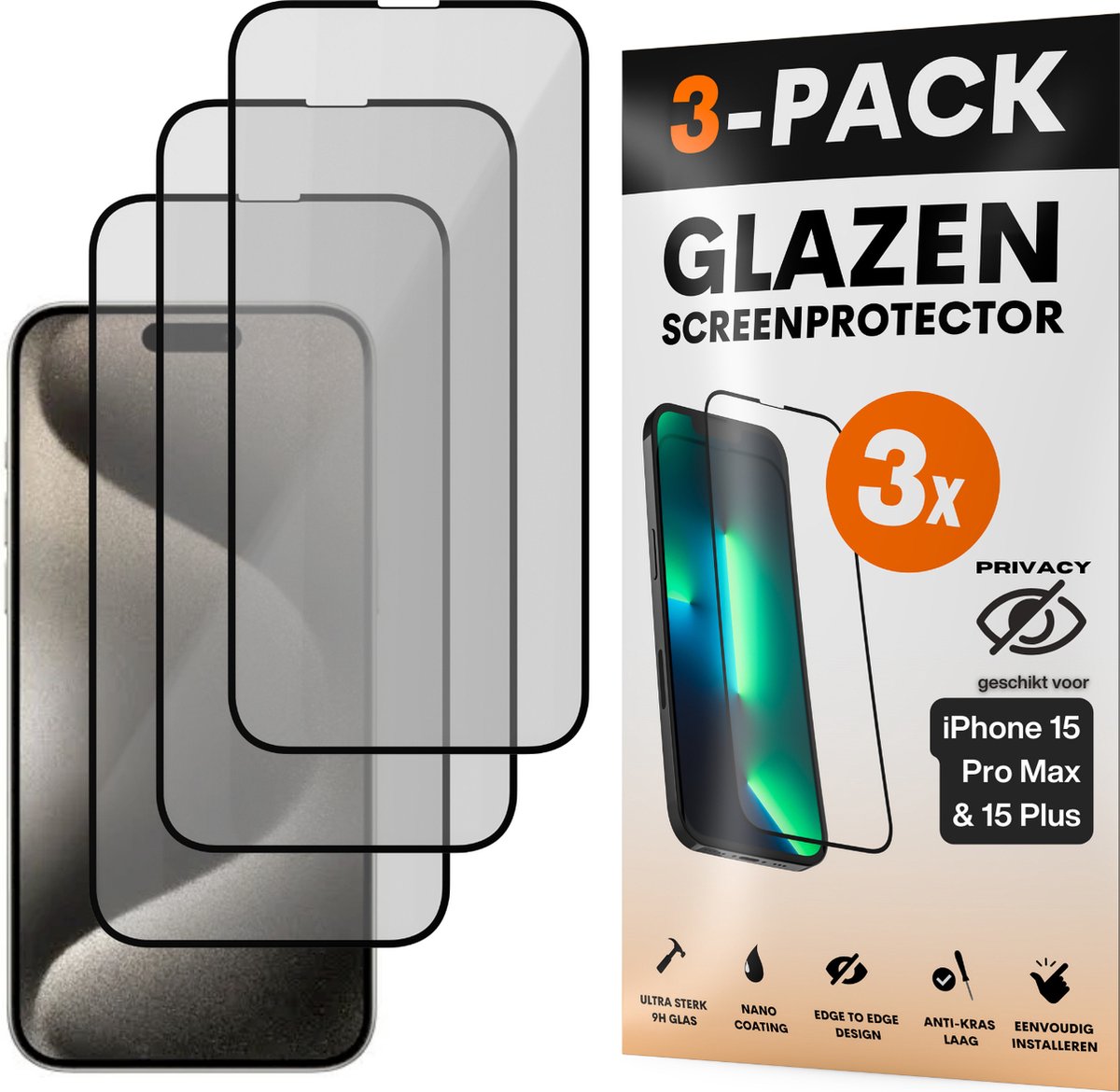 Privacy Screenprotector - Geschikt voor iPhone 15 Pro Max / 15 Plus - Gehard Glas - Full Cover Tempered Privacy Glass - Case Friendly - 3 Pack