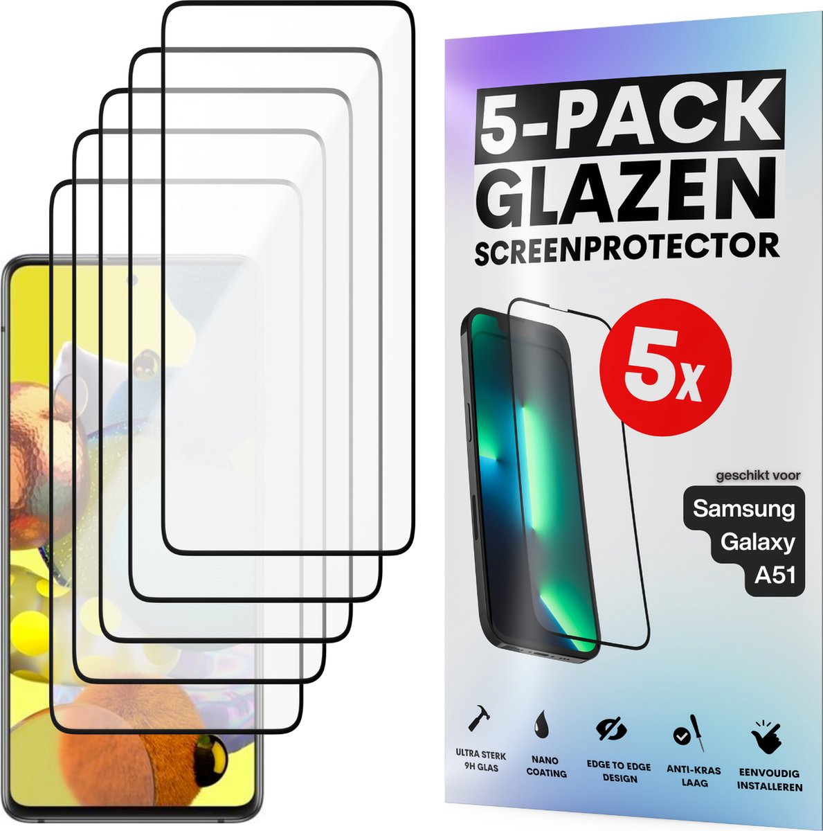 Screenprotector - Geschikt voor Samsung Galaxy A51 - Gehard Glas - Full Cover Tempered Glass - Case Friendly - 5 Pack