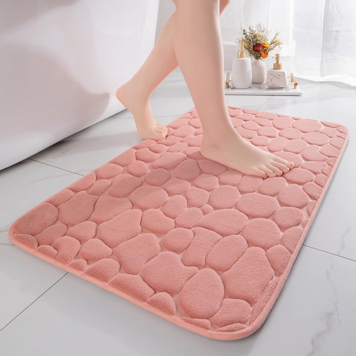 Badmat, traagschuim, douchemat, absorberend, badmat, douchemat, decoratieve voetmat, antislip mat voor badkamer en woonkamer, 40 x 60 cm, roze