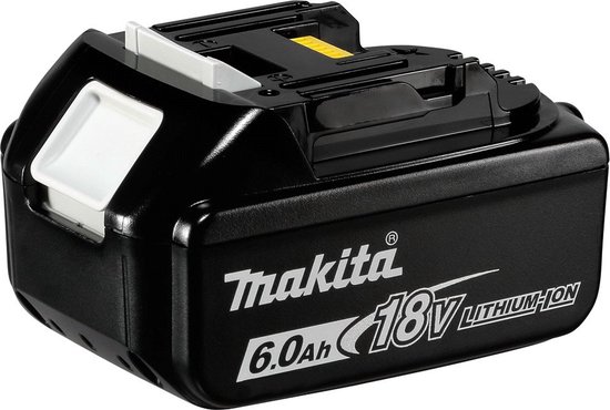Zwarte Makita 18V 6.0Ah lithium-ion accu met witte ontgrendelingsknop en gele connector.