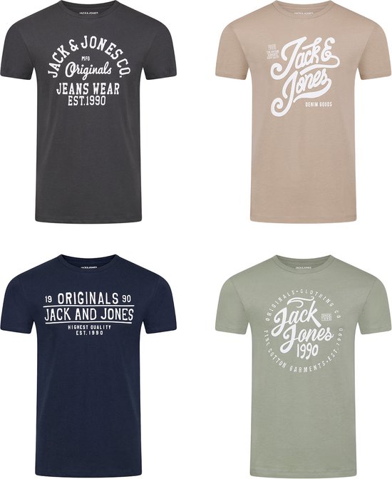 Jack & Jones Heren T-Shirt JJLINO 4 Pack regular fit Veelkleurig XXL Ronde Hals Volwassenen Opdruk Print Shirts