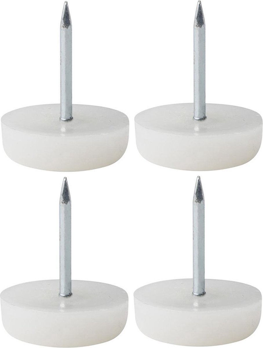 Meubel -/ stoelglijder met spijker / nagel 30mm wit kunststof set 4 stuks - stoelpoot - meubelglijder