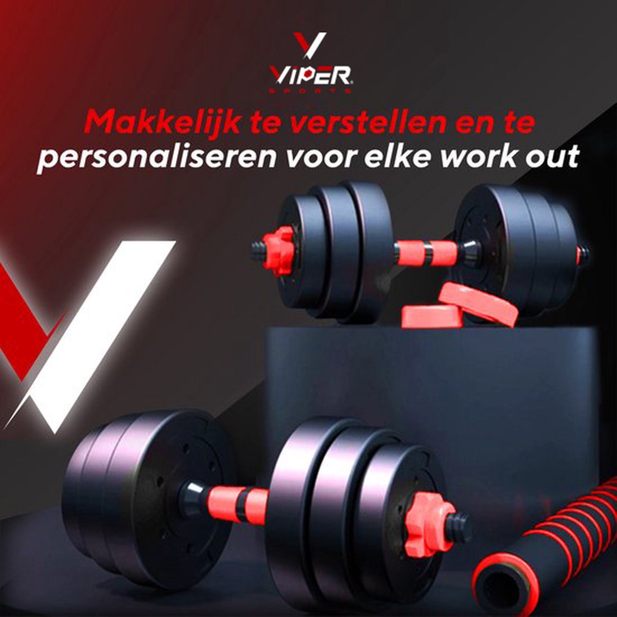 Verstelbare Dumbbell Set tot 40kg – Professionele 2-in-1 Halterset met gewichten- 2x20kg – Krachttraining – Fitness Halterstang – Dumbells - Viper Sports - Rood – foto 5