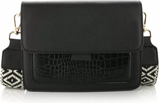 Zwarte schoudertas - inclusief schouderband - pmu - crossbody bag - tas met crocoprint - tas met strap - dames schoudertas - zwarte tas