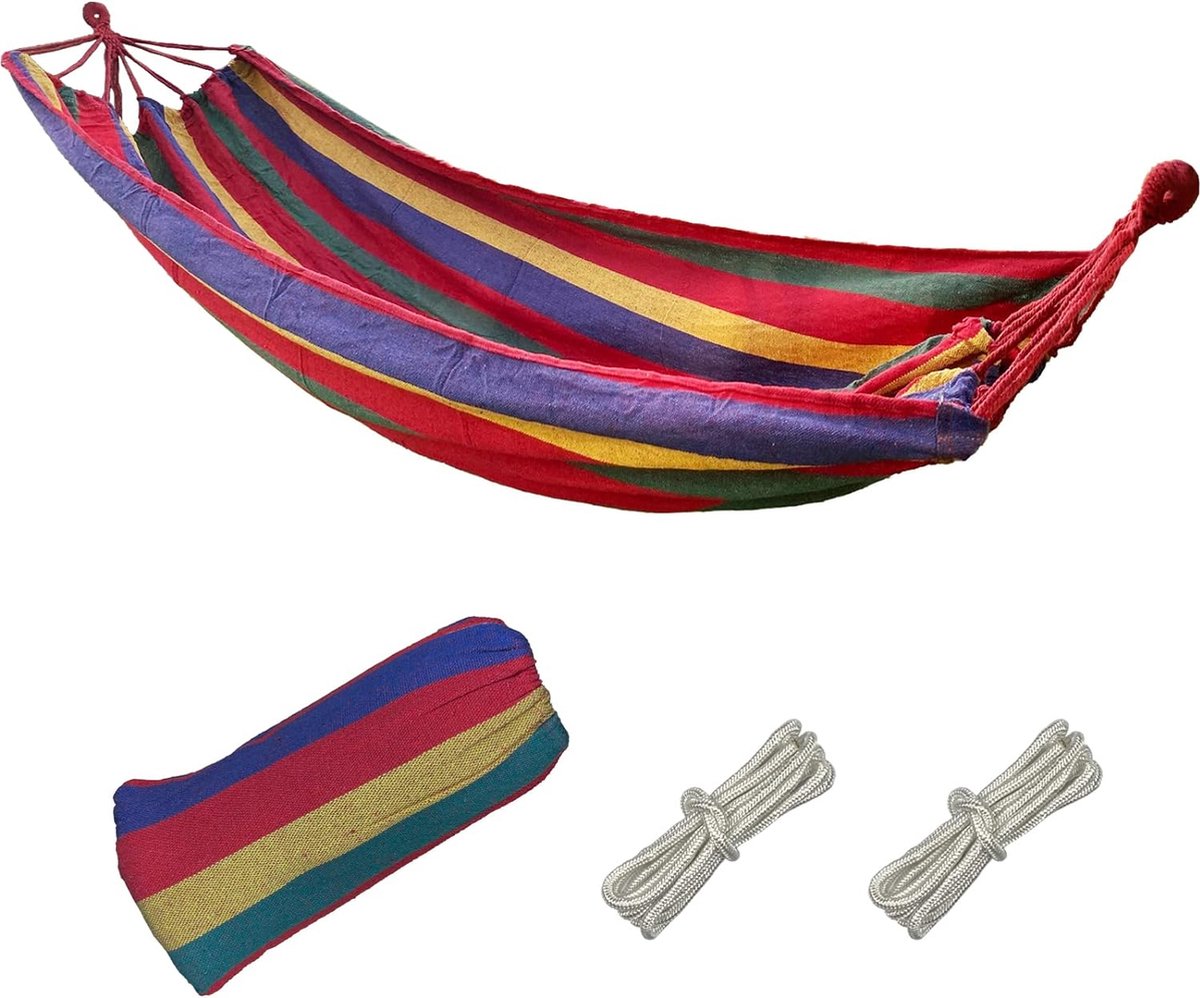 Hangmat, canvas 280 x 100 cm, totale lengte 280 cm, draagvermogen hangmat 300 kg, gestreepte reishangmat, comfortabele buitenhangmatten, hangmat voor buiten, kamperen, balkon, strand (rood)