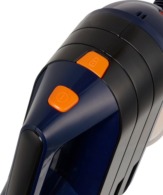 Close-up van de blauwe en zwarte handgreep van een stofzuiger met oranje knoppen.