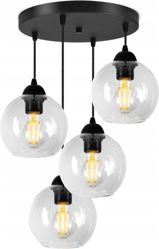 Hanglamp Industrieel voor Eetkamer, Slaapkamer, Woonkamer - Glass Serie - Bollamp 4-lichts excl. lichtbron - Transparant - 4 Bol