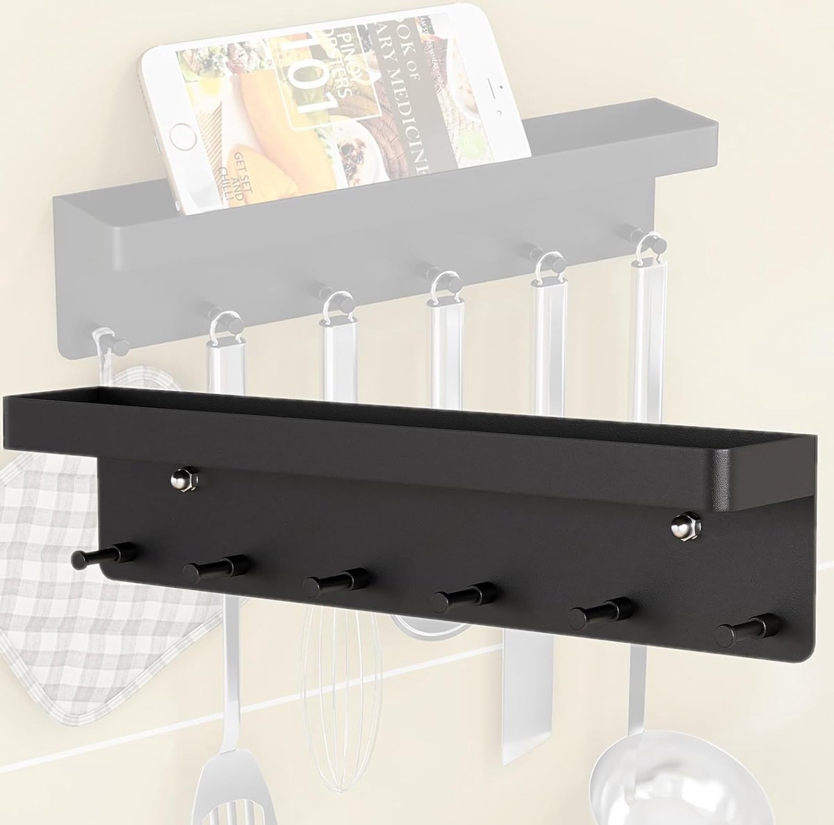 Sleutelrek met plank, witte sleutelhouder, sleutelrek met plank en 6 haken, sleutelbord van roestvrij staal, eenvoudig te installeren sleutelrek zonder boren, voor hal, keuken, badkamer Sleutelrek met plank, witte sleutelhouder, sleutelrek met plank en 6 haken, sleutelbord van roestvrij staal, eenvoudig te installeren sleutelrek zonder boren, voor hal, keuken, badkamer