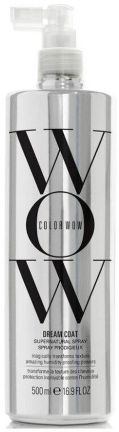 Zilverkleurige fles met 'W' logo, met 'Color Wow Dream Coat Supernatural Spray' en 500ml inhoud.