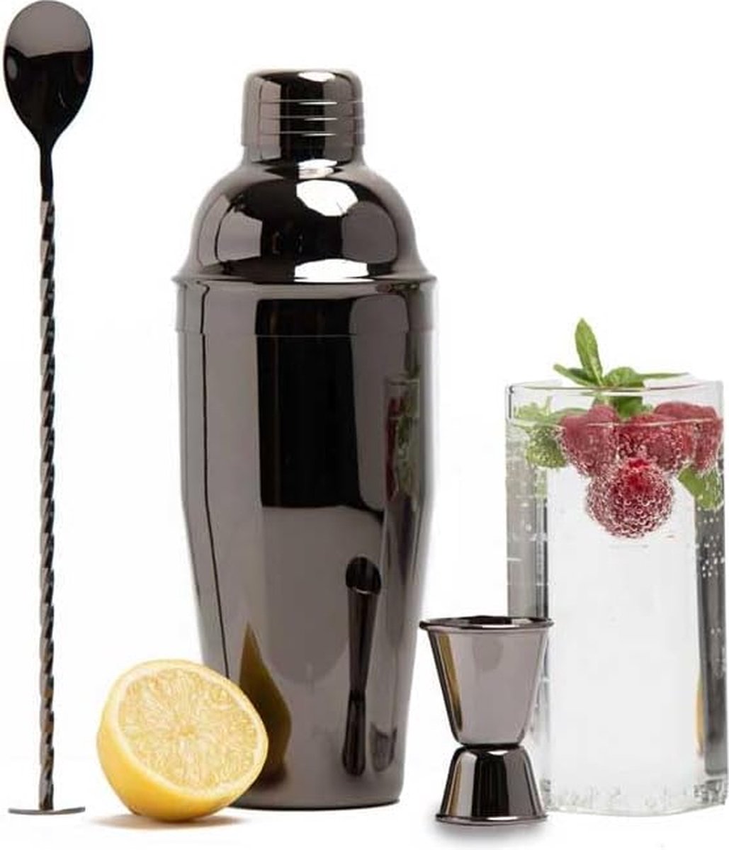 Cocktail Set Barkeeper Set 3-delig Lacari Original Cocktail Shaker van roestvrij staal Cocktail en Bar Set Zwart Shaker + Maatbeker + Barlepel Met Cocktail