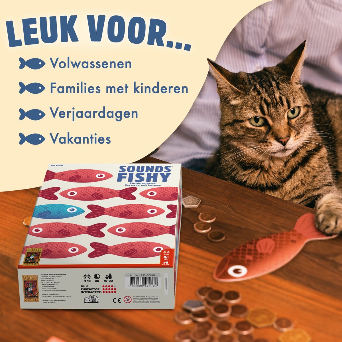 999 Games - Sounds Fishy - Partyspel - Kun jij je pokerface bewaren? - Gezelschapsspel - Nederlandstalig - Klein cadeautje — afbeelding 4