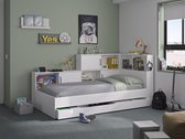 Bed met opbergruimte en lade 90 x 200 cm - Kleur: wit + bedbodem + matras - ARMAND L 221 cm x H 104 cm x D 120 cm