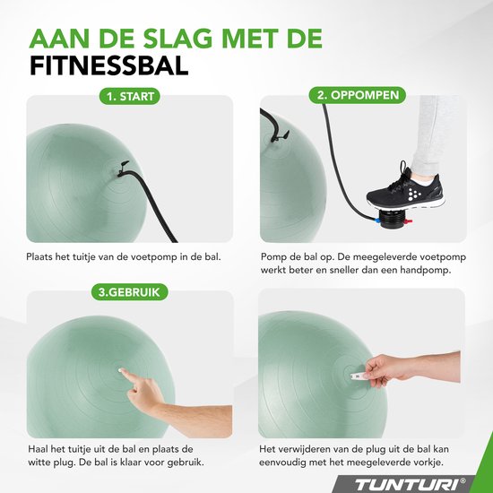 Tunturi Anti-Burst Fitness Ball 75 Cm - Ballon De Yoga/Pilates/Grossesse - Pompe Incluse, Charge 220 Kg, Turquoise, Avec Appli Entraînement