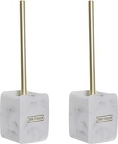 Set van 2x stuks toiletborstel wit met marmer look houder van polyresin 37 cm - Wc-borstels