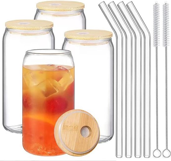 KIMIGO 4 Geribbelde Drinkglazen met Glazen Rietjes(350ml),Blikvormige Tumbler Beker Glazen Set,Glazen Bekers,Waterglazen voor Latte Macchiato,Ijskoffie,Whisky,Cocktails,Yoghurt,Soda