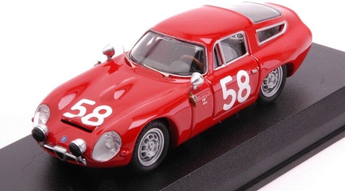 De 1:43 Diecast Modelauto van de Alfa Romeo TZ1 #58 van de Targa Florio uit 1961. De coureurs waren Bussinello en Todaro. De fabrikant van het schaalmodel is Best Models. Dit model is alleen online verkrijgbaar