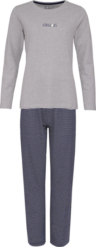 By Louise Dames Pyjama Set Lang Katoen Grijs / Donkerblauw Gestreept - Maat S