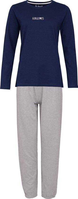 By Louise Dames Pyjama Set Lang Katoen Donkerblauw / Grijs Gestipt - Maat L