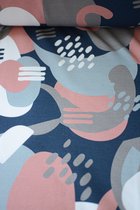 French terry met abstracte vormen blauw en roze 1 meter - modestoffen voor naaien - stoffen Stoffenboetiek