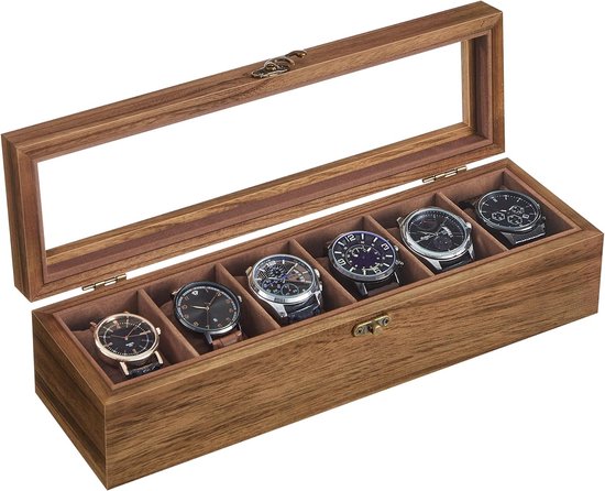 Boîte à montres à 6 compartiments, boîtier à montre en bois massif, avec couvercle en verre, coussin à montre, cadeau pour votre proche, couleur noyer