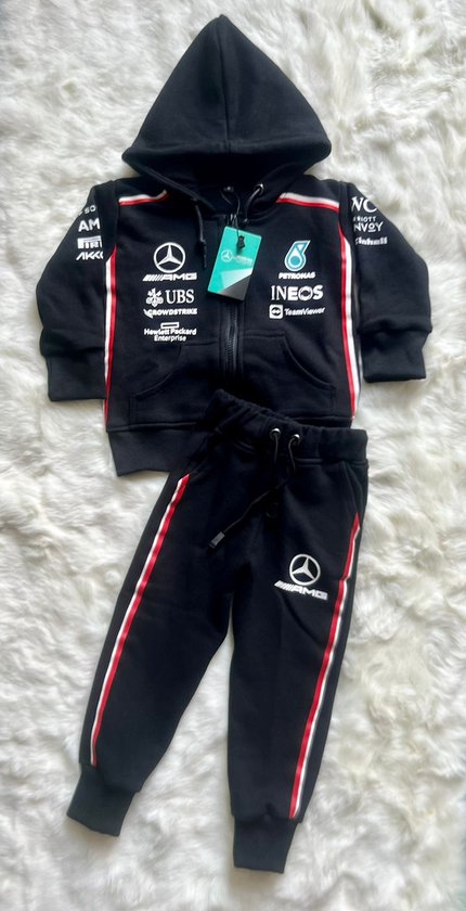 Formule 1 Mercedes AMG Petronas Fan Trainingspak voor kids | Zwart | 100% katoen | Hamilton 44 | F1 Fans | Ideaal F1 cadeau | Maat 74 | 6 MND