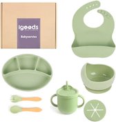 Igoods Babyservies - Kinderservies - Met Placemat - Siliconen - Antislip - 10-delig - Onbreekbaar - Vaatwasserbestendig - Magnetronbestendig - Vriesbestendig - Groen