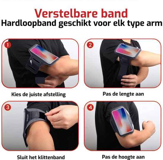 Vier stappen om de armband aan te passen: kies de juiste afstelling, pas de lengte aan, sluit het klittenband, pas de hoogte aan.