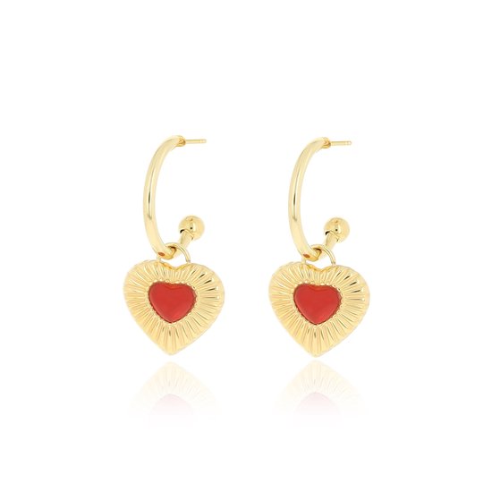 Gold coloured earrings with red heart charm
