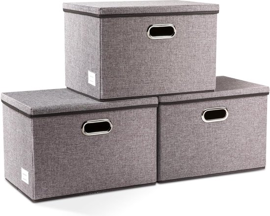 PRANDOM Grote opbergdozen met deksel,opbergdoos opvouwbare decoratieve,linnen stof organizer containers mand kubus met handgrepen,Zwart [3