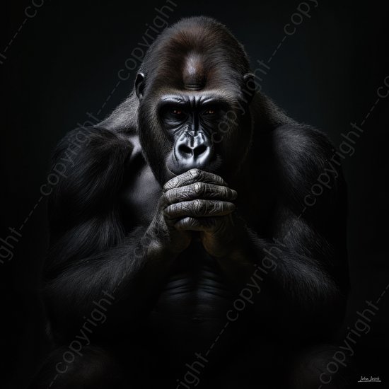 JJ-Art (Canvas) 60x60 | Gorilla denkt na over..., aap, denken, donker, avond | dier, Afrika, zwart, bruin, modern, vierkant | Foto-Schilderij canvas print (wanddecoratie)