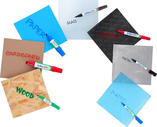 Artline markers op verschillende materialen geschreven: papier, glas, metaal, plastic, hout, karton.