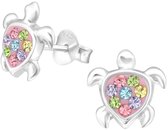 Joy|S - Zilveren schildpad oorbellen - 9.5 x 10 mm - zilver roze met gekleurde kristalletjes - kinderoorbellen