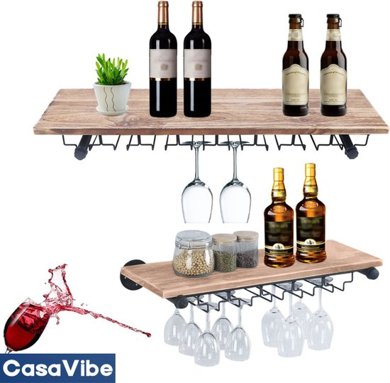 Wijn Display Rek Aan Muur VEDECASA Wijnrek Aan De Muur – 3 Niveaus, 6 Glashouders, Multifunctioneel Wandrek Voor Keuken, Bar, Woonkamer Wijnrek Muur