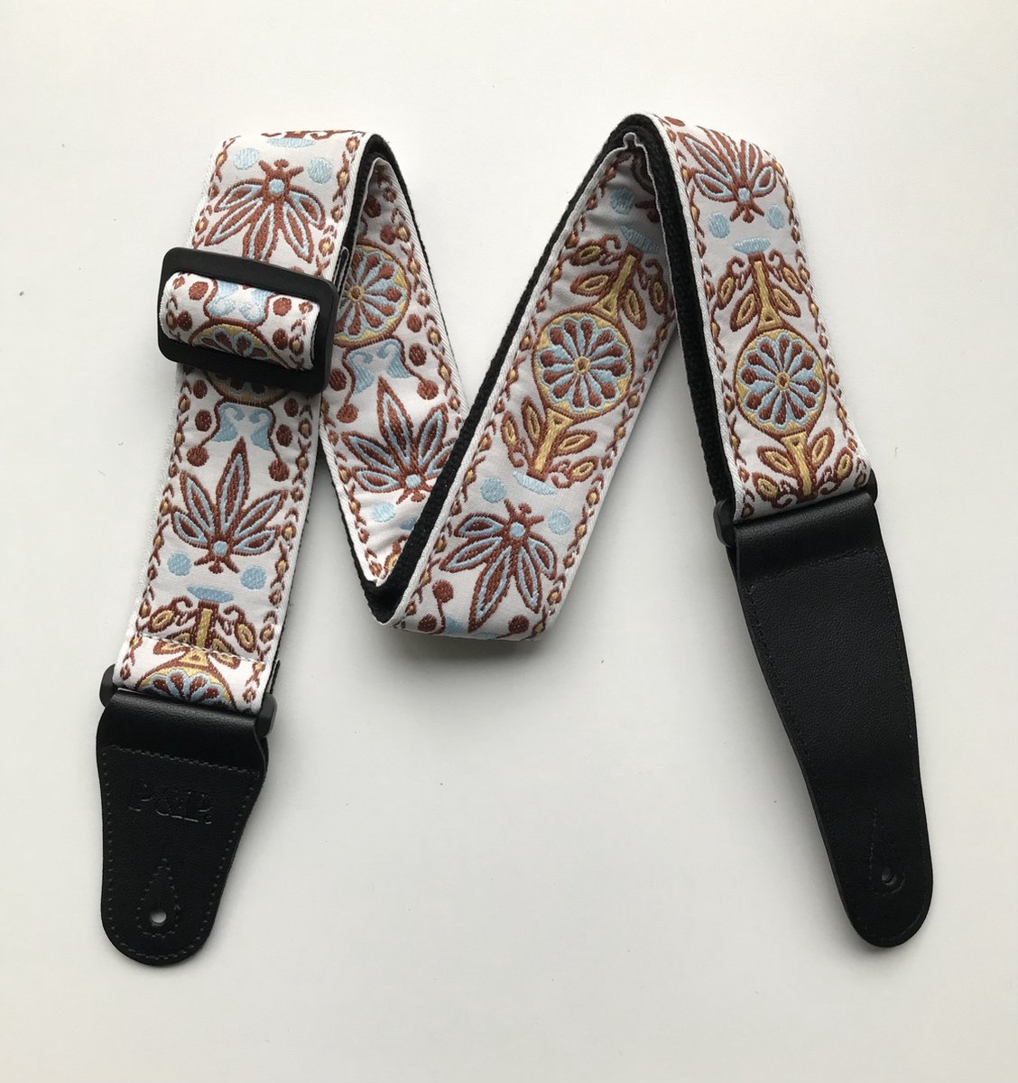 P&P® - Professionele Verstelbare Stevige Gitaarband - Guitar strap Band - Luxe Gitaarriem - Bas/Elektrische /Akoestische/ Klassieke Gitaar - Geborduurd wit - geel