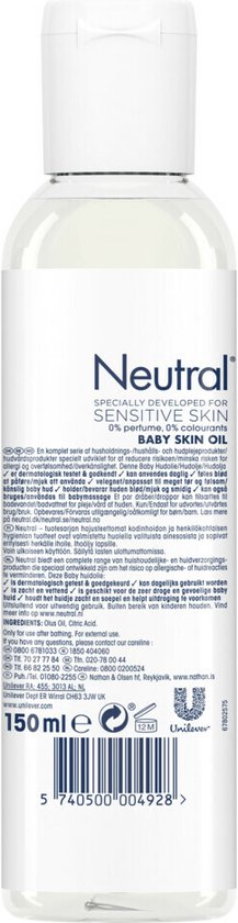 Flesje Neutral Baby Skin Oil 150ml met informatie over 0% parabenen, 0% kleurstoffen, 0% parfum.