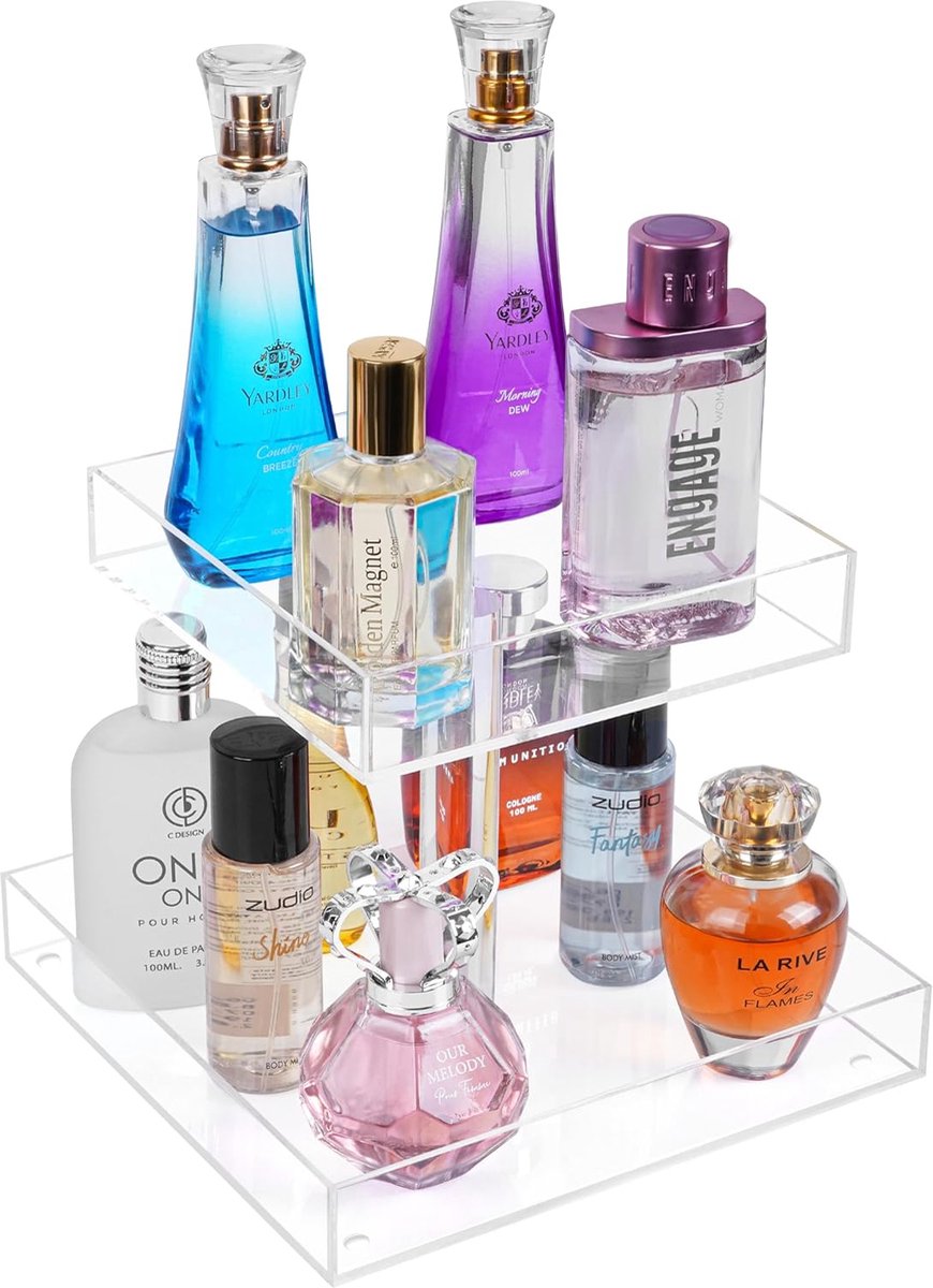 Parfum Organizer met 2 niveaus, voor het opbergen van make-up, cosmetica, huidverzorging en parfum, doorzichtige acryl standaard voor badkamer, kaptafel, keuken, slaapkamer, winkels