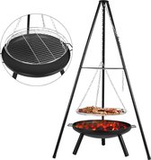 Draaibare grill met vuurschaal, vuurschaal statief met grillrooster (diameter 52 cm), in hoogte verstelbare ketting (200 cm) en statief (H: 152 cm), vuurschaal voor tuin, camping, camping