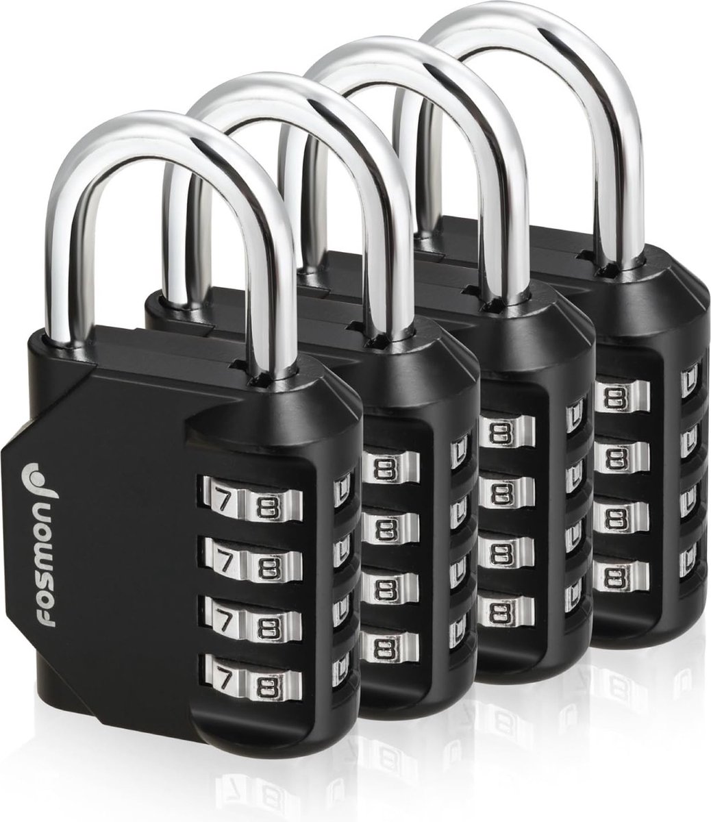Hangslot, cijferslot, beugelslot, spinslot, kelderslot, hangslot, combinatieslot, sloten, 4-cijferig, set van 4 stuks, weerbestendig, roestvrij, slot cijfercode, kast/kluisje, zwart