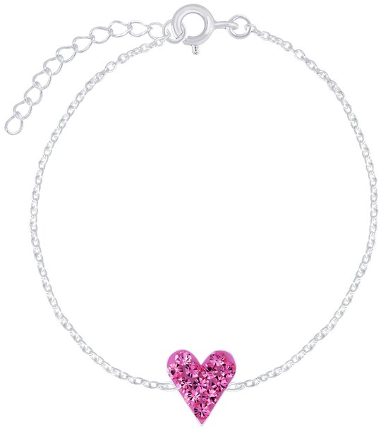Joy|S - Zilveren hartje armband - 14 cm + 3 cm extension - magenta roze - kristal - voor kinderen
