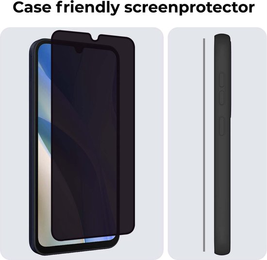 Protecteur d'écran, 'compatible avec coque', montré sur un smartphone et un profil à côté.