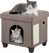 Opvouwbare kattengrot voor katten binnen, multifunctioneel kubuskattenhuis met kattenkrabplank en bal, 37x 31,8 x 36 cm, bruin